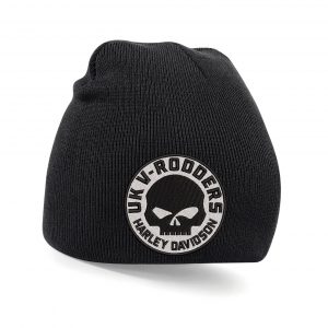 UK V-Rodders Willie G Skull Black text on White - Beanie